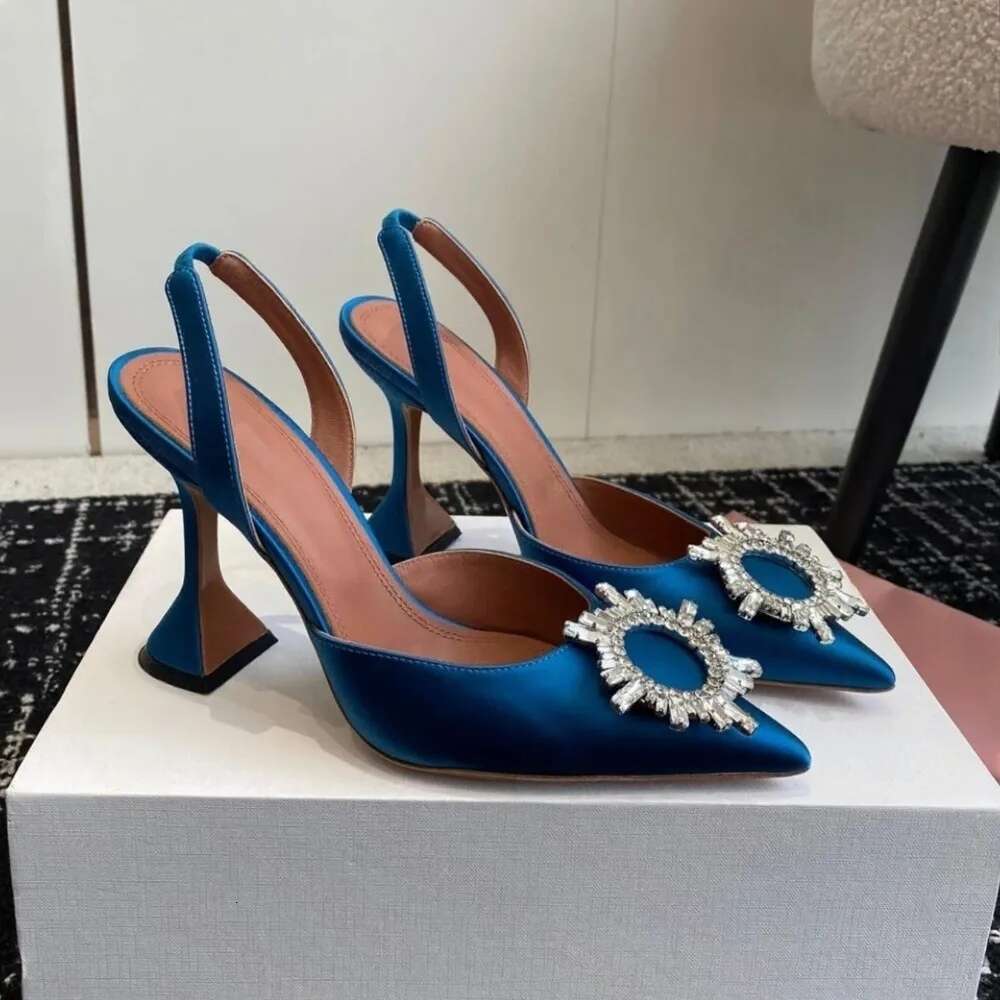 New Begum Crystal-sunflower satin slingback Dress sandals luxury Pointed-toe slingback bow high heels Designer High quality Leather white Patent Lea