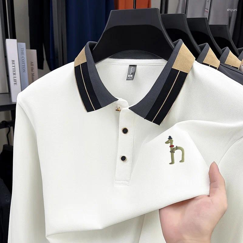 Men's Polos Original Design Lapel Polo Shirt Autumn Solid Color Print Long Sleeve T-Shirt High-End Business Leisure Clothing