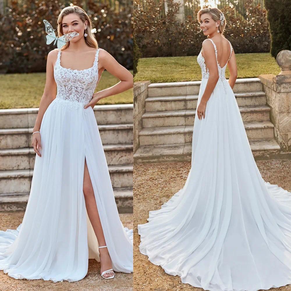 Boho Elegant Wedding Dress For Women Applique Sexy Square Collar Backless Spaghetti strap Bridal Gowns Custom Made Color/Size