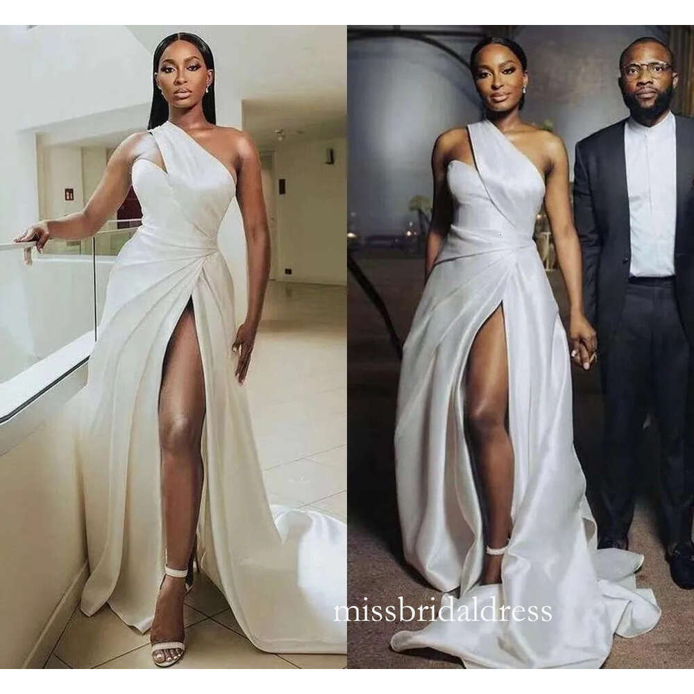 Crepe Beach One Shoulder Side Split Wedding Gowns For Arabic Women 2022 White Satin Plus Size Bridal Dresses Ruched Vestido De Noiva Mb56