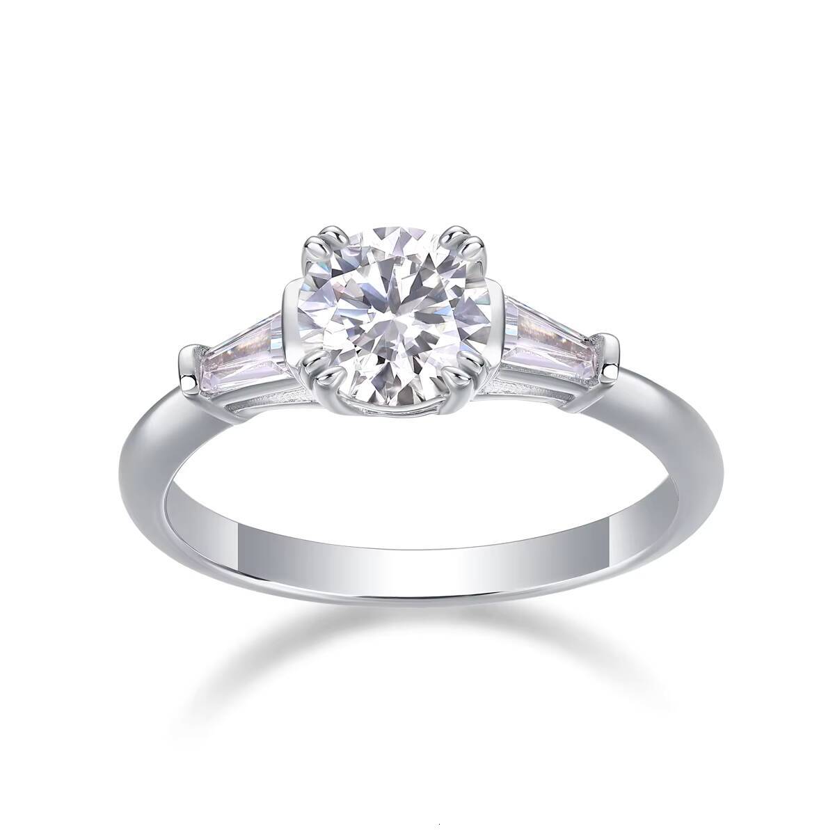 Fine 1ct Round Main Moissanite with 2 Pcs Zircon Ring Wedding Engagement Promise Ring White D Color S925 Silver Moissanite Ring