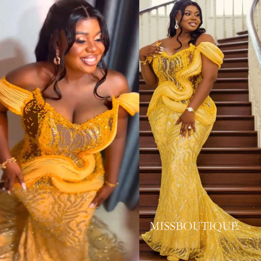 Aso Ebi Yellow Mermaid Prom Dresses 2026 Beaded Crystals Illusion Sequined Evening Formal Party Second Birthday Engagement Gowns Dress For Special O