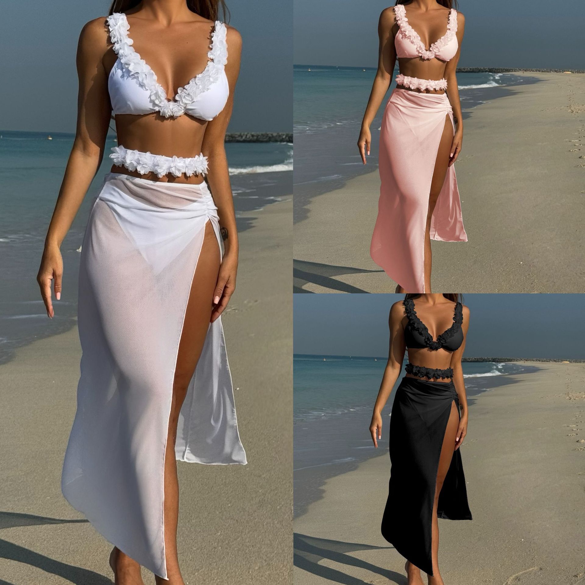 2025 New Solid Color Lace Sexy Three-Piece Set Mesh Long Skirt Bikini