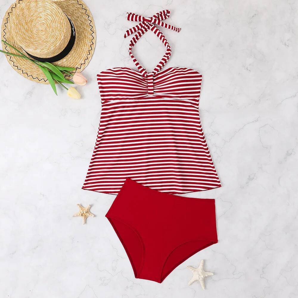 Women's Bathing Suit Two Pieces Halter Striped Print Tankini Set Summer Sexy Beach Wear High Waisted Swimwear Women Swimsuit XXL dongdumaoyi