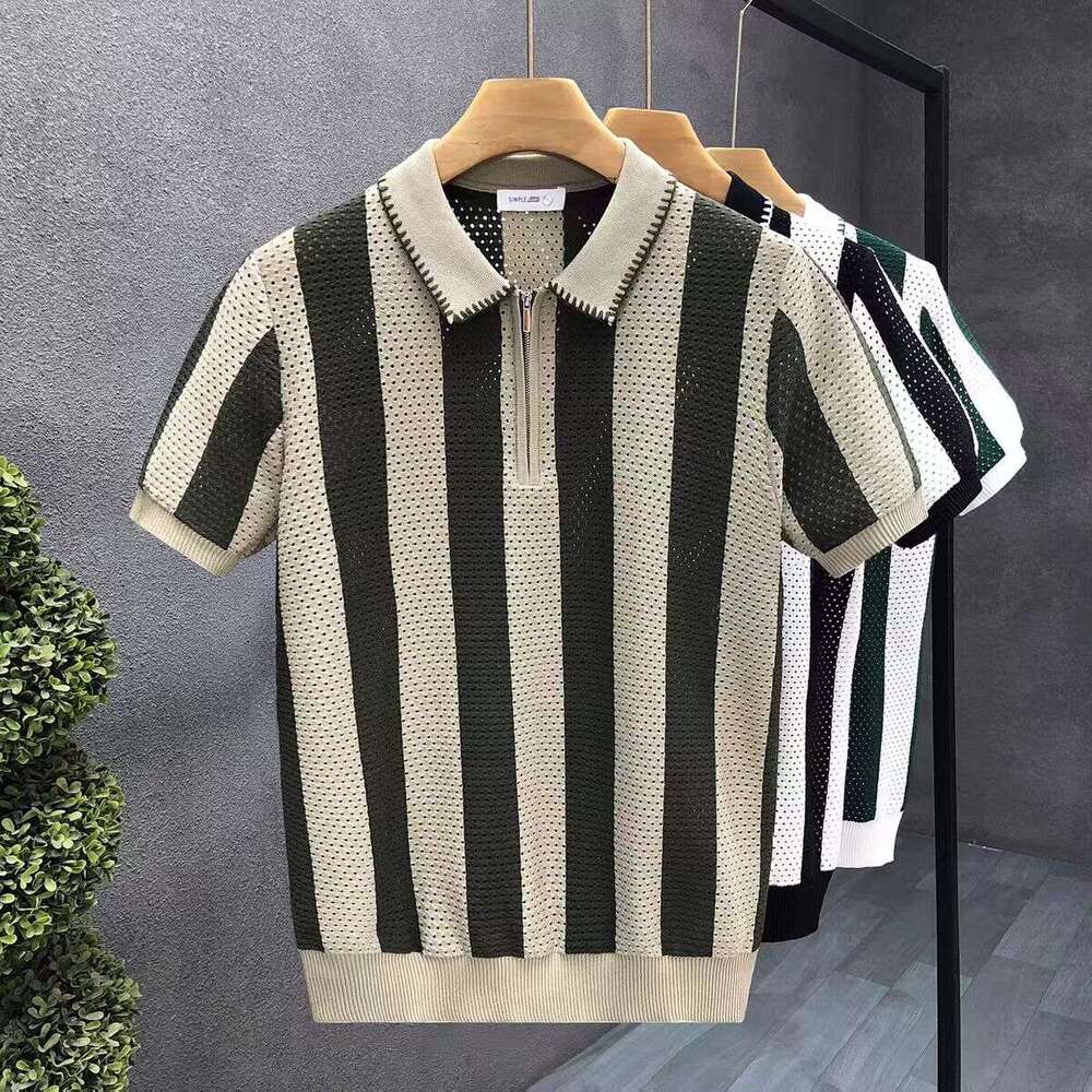 Designer 2026 For Foreign New Model Half-zip Turn-down Collar Men's POLO Retro Hollow-out Luxury Knitted Striped Base Shirt Free Shipping