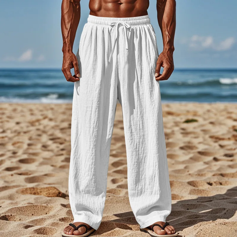 cotton and linen loose mens large size loose solid color casual lace-up trousers 260506