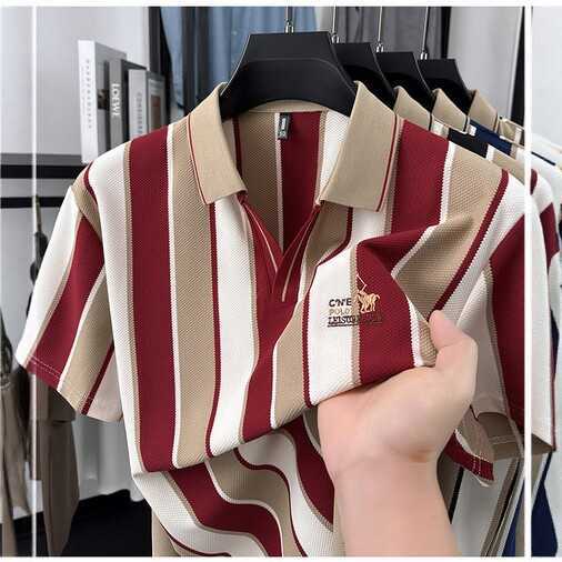 2026 Summer New Mens Striped Polo Shirt with Turn-down Collar Short Sleeve Casual Business Pique Cotton Embroidered Top