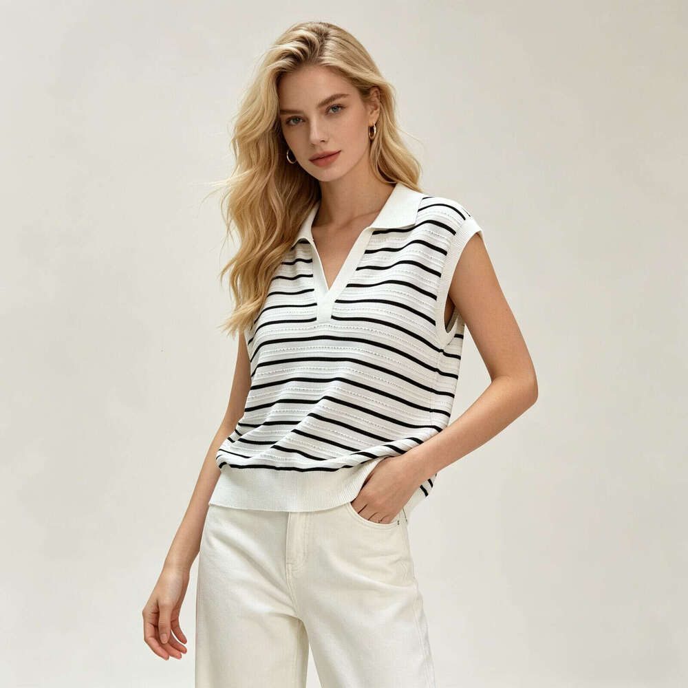 2026 Spring and Summer New Black and White Striped Polo Neck Knitted Tank q26 Top, Multi functional Sleeveless Slimming Commuter Top