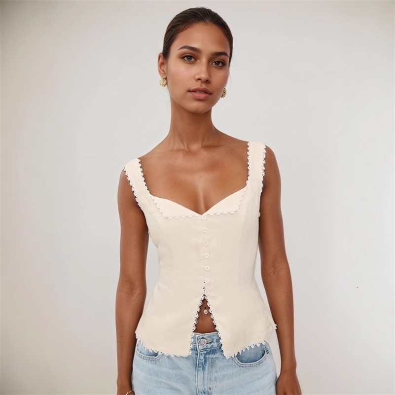 High Quality Wholesale Womens French Cotton Linen Lace Splicing Fashionable Buckle Suspender Solid Sleeveless Vest Top 260429