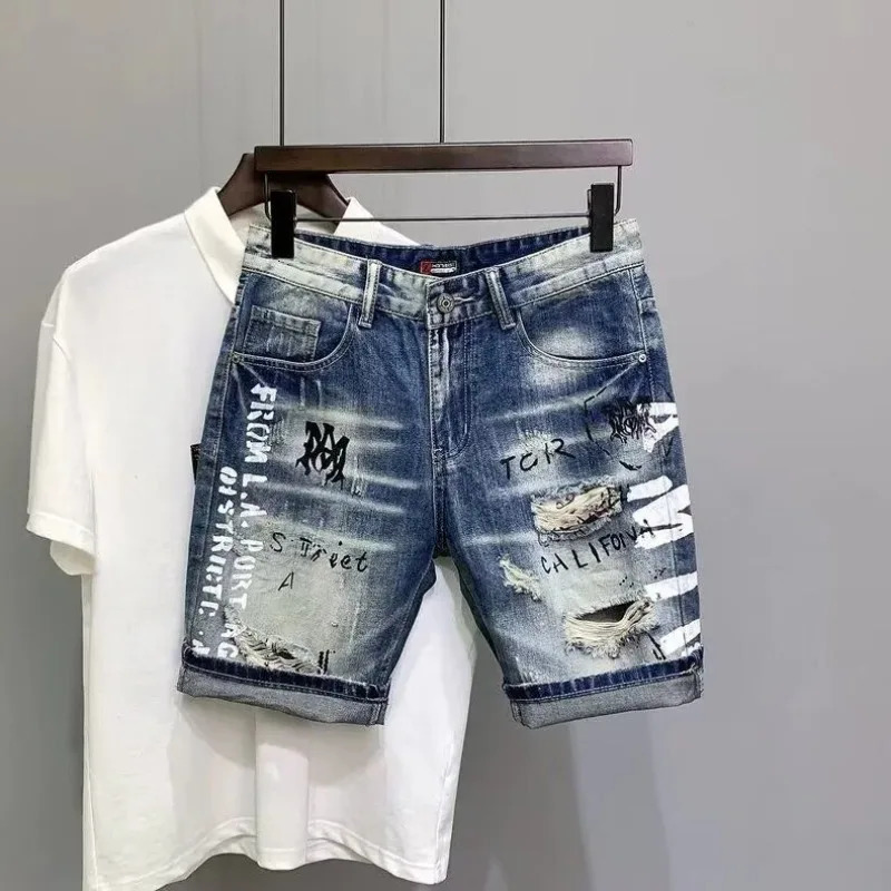 Diamond Distressed Slim Fit Blue Denim Capris, Graphic Print Korean-Style Men's Casual Shorts