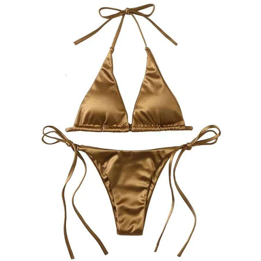2026New Sexy Women's Metallic Halter Top Two Piece Swimsuit Tie Side Triangle Summer Solid Bathing Suit Beachwear Bikini Set 26H0505