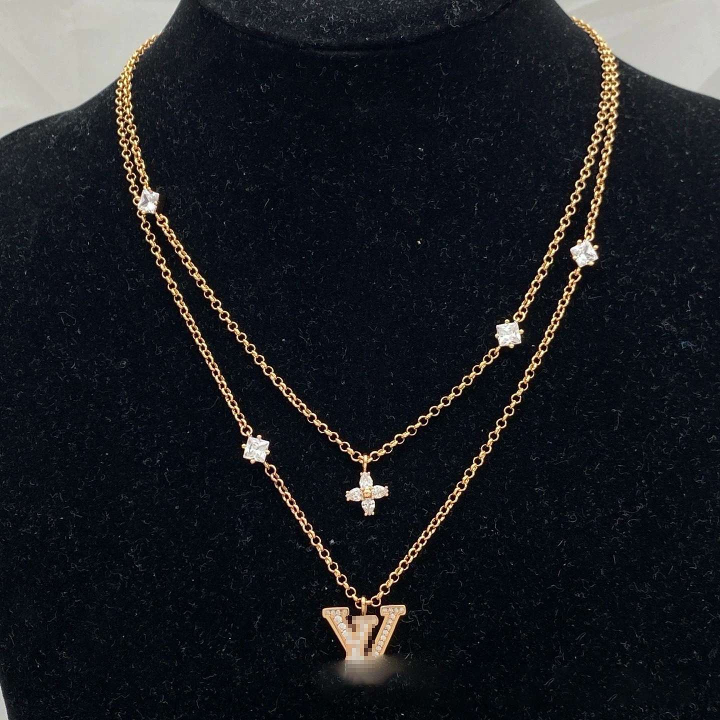 Pendant Necklaces Letter Full Diamond necklace double chain designer necklace Gold plated 18K Pendant Necklaces Clover flower Stainless jewelry gift