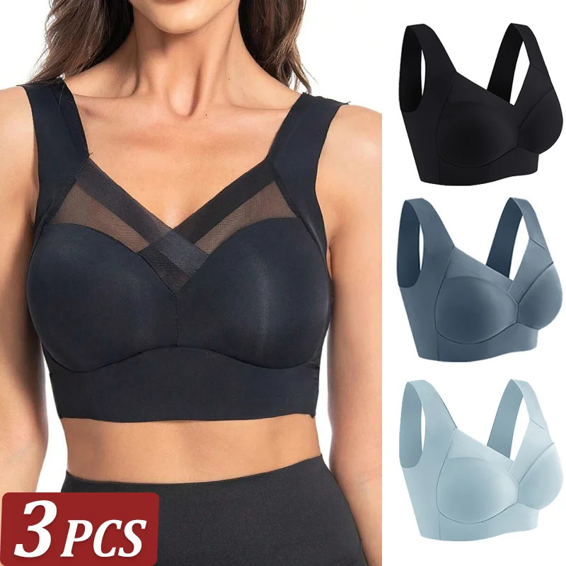 B144 Women's Plus Size Sexy Light Blue Wireless Middle Mold Cup Sport Bras - 3-Pack Seamless Triangle Bralettes, Lace Padless Tops