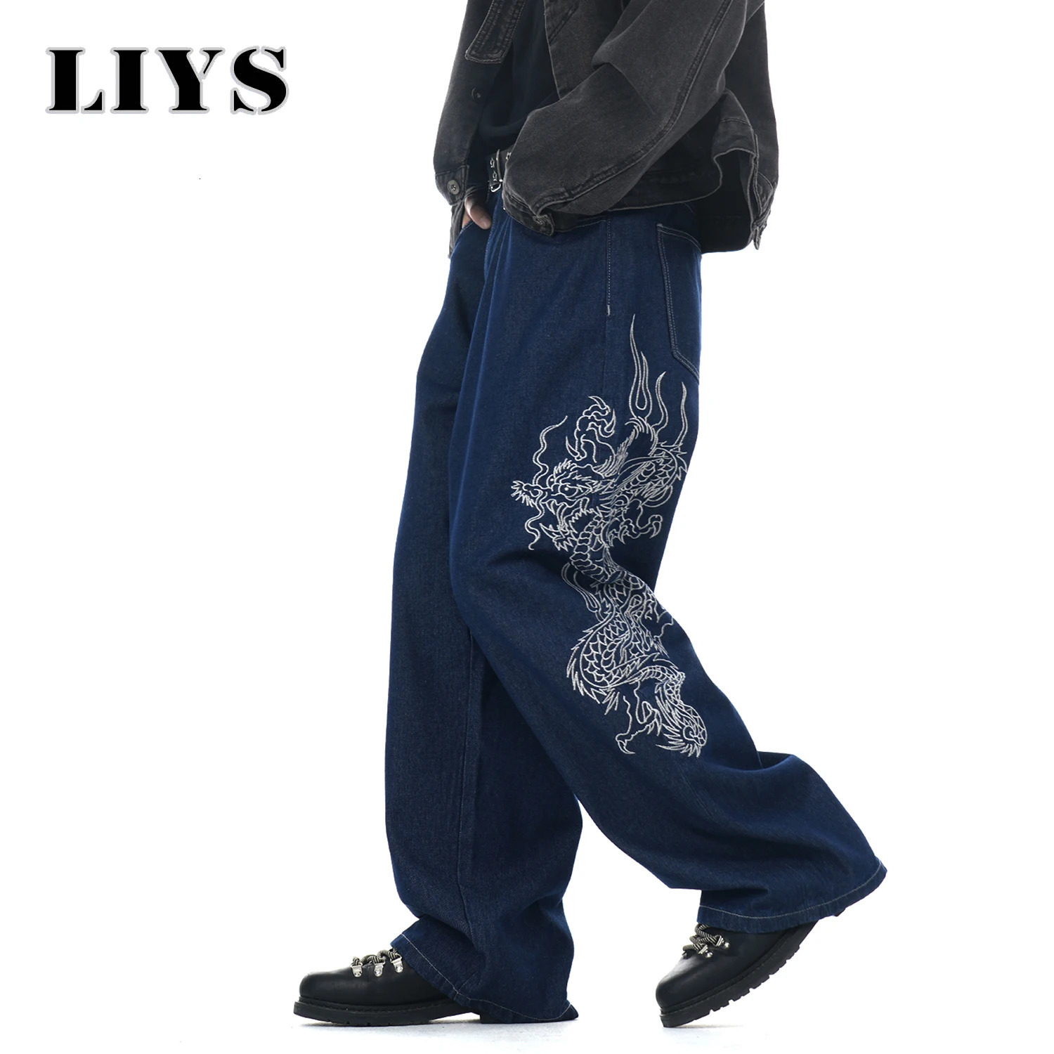 LIYS Mens Blue Baggy Dragon Embroidered Wide Leg Jeans Spring Summer Classic Blue Baggy Washed Denim Pants Unisex Clothing 260506