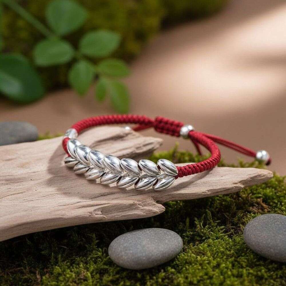 Vintage Ear Double-Hole Curved Tube With Hand-Woven Rope, Beaded And Large Wheat Beads, Ethnic Style Red Bracelet