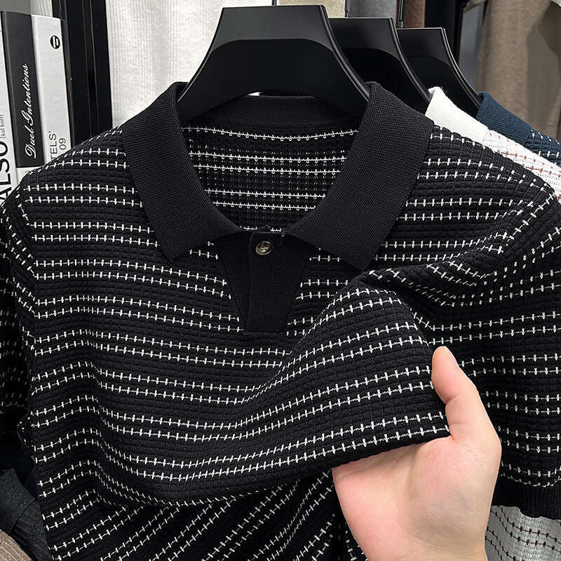 Designer Classic Men's Knitted V-Neck Polo Shirt, Buttonless Short-Sleeve Striped Acetate Top