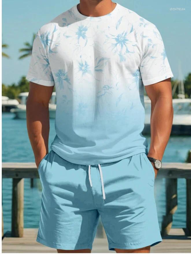 Men's Tracksuits Summer Men Tropical Floral Print Round Neck Short Sleeve Casual T-Shirt And Shorts Set Beach Outfit Tops Suit