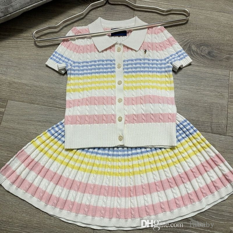 Kids Deisgner Clothes Baby Girks Two Piece Dress Skirt Set Knit Sweater Sweet Rainbow Princess Dresses Korean Style Children Clothing Sets
