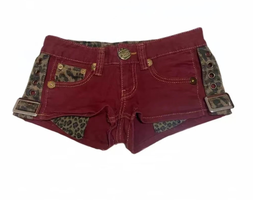 sexy leopard print red denim shorts womens summer retro lowrise pants ropa mujer y2k jeans 260506