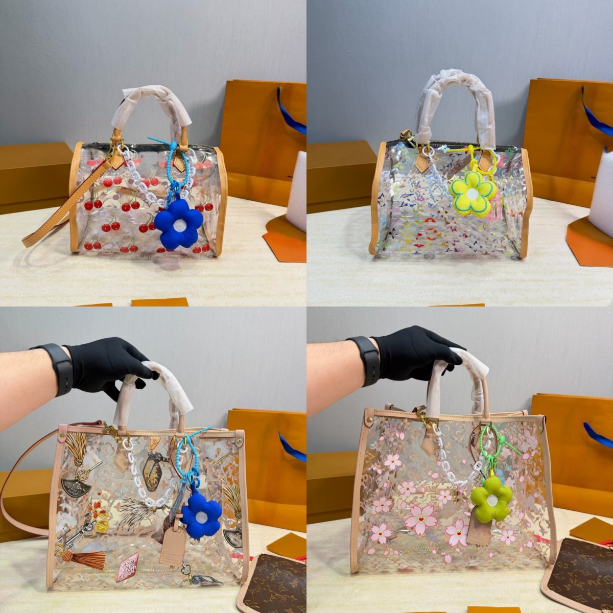 Stadium Approved Clear Transparent 5 Summer Limited Prints Cherry Sakura Crossbody Bag Waterproof PVC Tote Boston Handbag With Flower Charm-image-1112825873