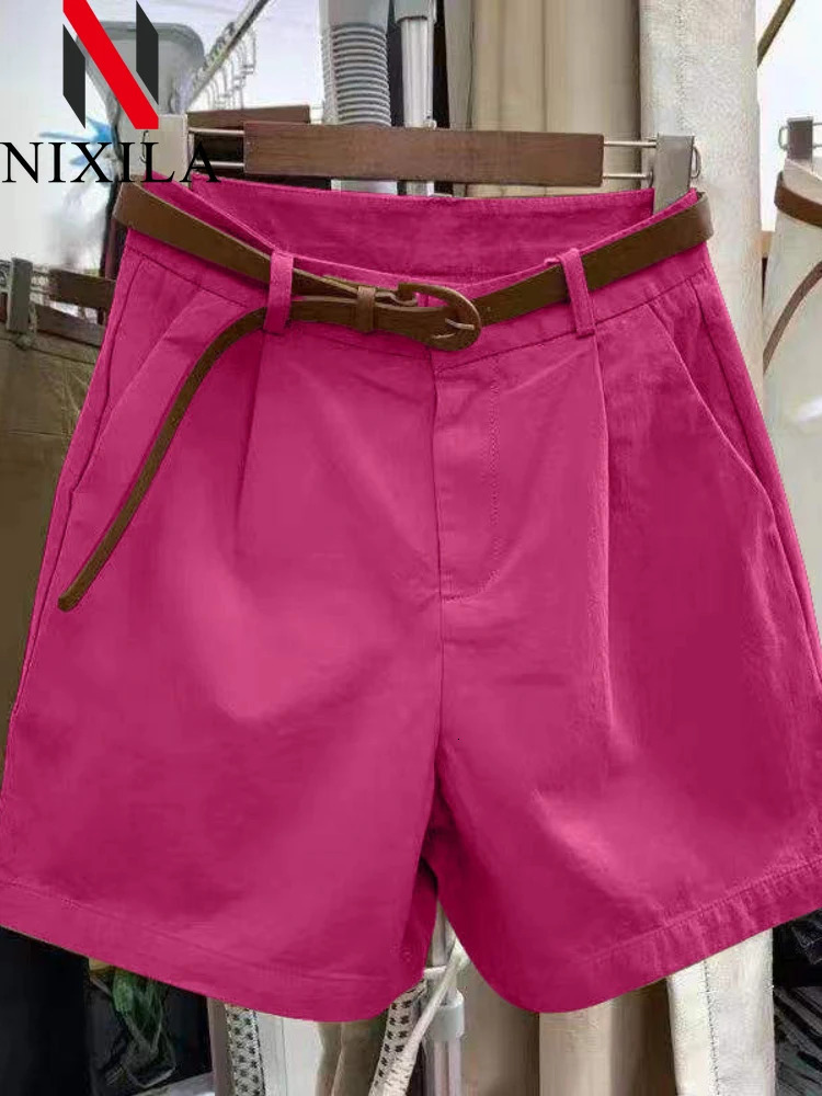 Summer Cotton Shorts for Women Korean Loose Casual Wide Leg Short Belt Solid Color Rose Red Womens Pants Female Clothing 260506