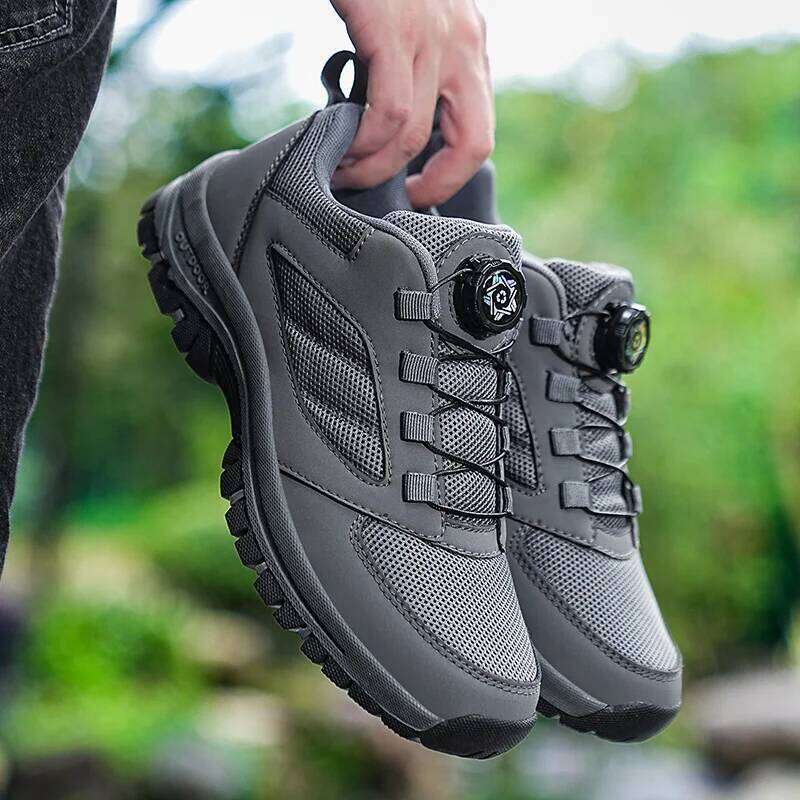 Male Sneakers Stylish Rotating Buckle Hiking Boots Solid Color Comfortable Non-slip Sporty Plus Size Men Shoes Leather 26W0506