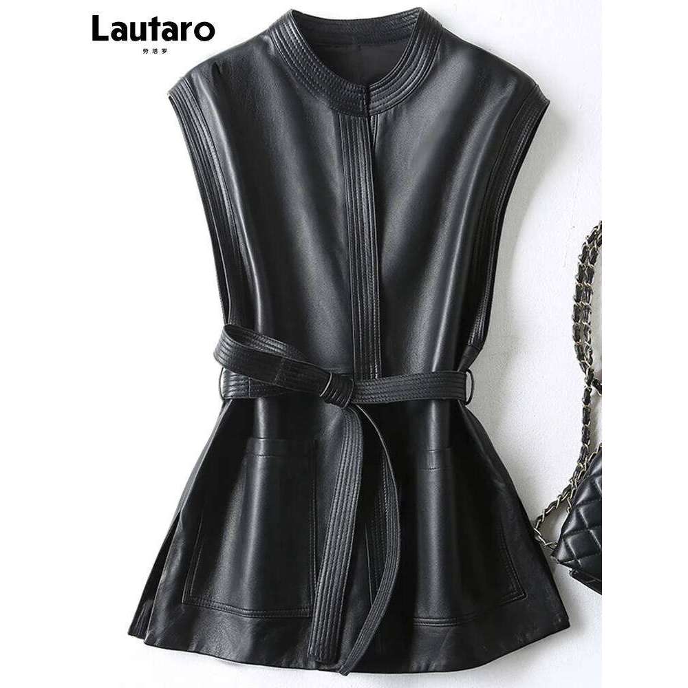 Lautaro Spring Autumn Black Soft Pu Leather Vest Brand With Belt Elegant Office Sleeveless Jackets For Women 2022
