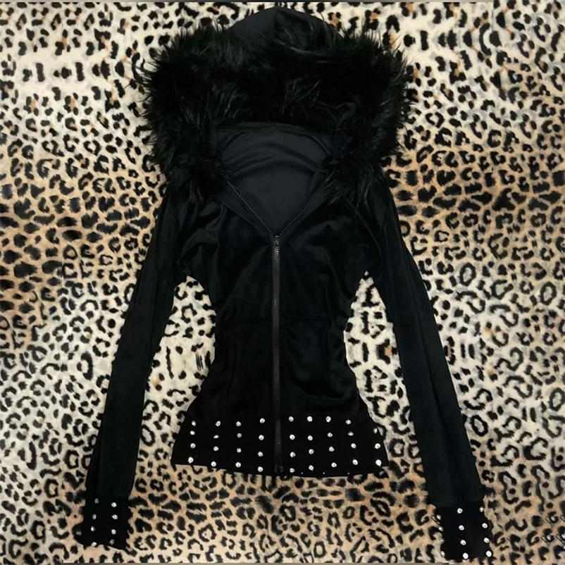 Black Y2K Fur Collar Hoodie Cardigan, Women's Slim Fit Full-Zip Sweatshirt with Embellished Dot Hem, Streetwear Harajuku Gothic Fashion