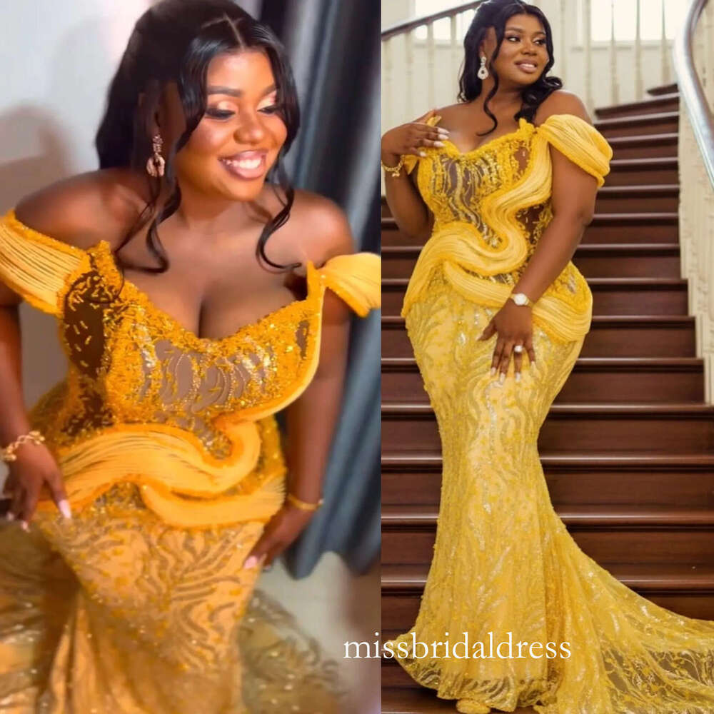Aso Ebi Yellow Mermaid Prom Dresses 2026 Beaded Crystals Illusion Sequined Evening Formal Party Second Birthday Engagement Gowns Dress For Special O