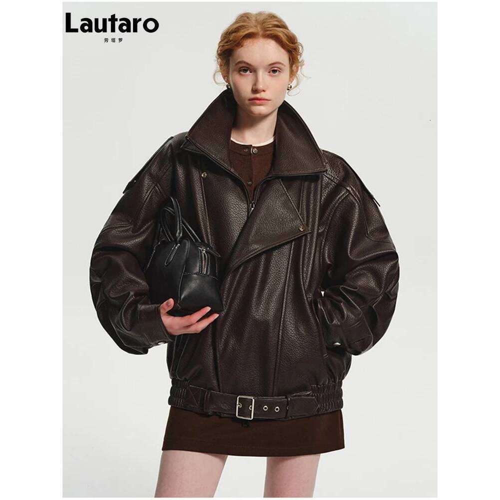 Lautaro Spring Autumn Cool Brown Oversized Pu Leather Jacket Women Long Sleeve Zip Up Designer American Retro Clothing