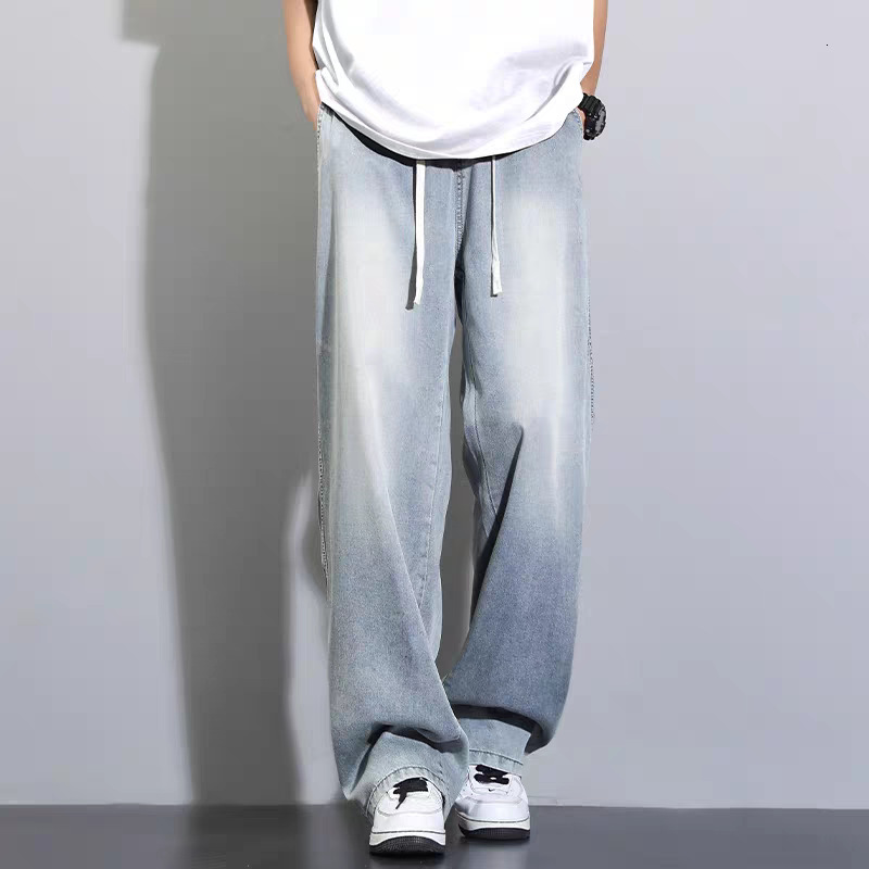 Men's Tencel Designer T-shirt Drape Jeans Summer Hoodie Thin Style New Vintage Loose Straight Ice Polo Silk Wide-leg Casual Pants