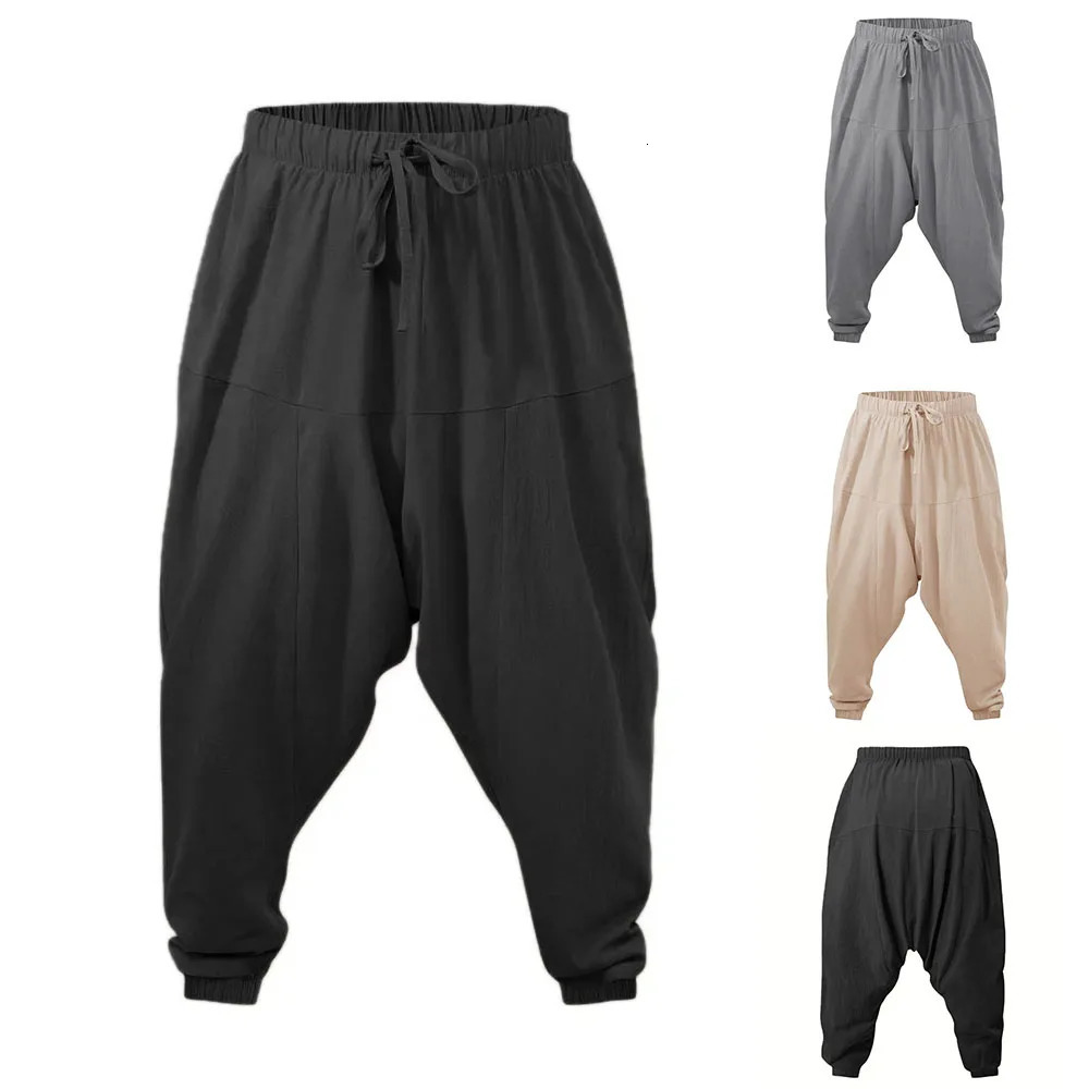 Harem Pants for Men Cotton Linen Drop Crotch Cozy Streetwear Loose Fit Breathable Lightweight Long Pants Male Joggers260424