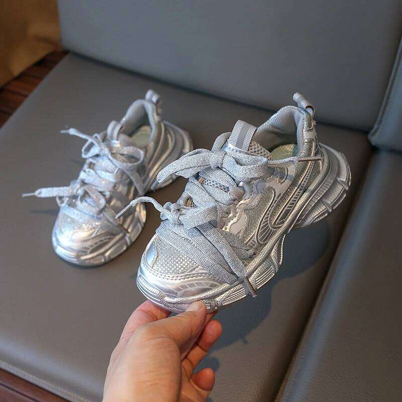 2026New Spring Autumn Girl's Mesh Chunky Silver Children's School Sports Shoes Breathable Fashion Kids Running Sneakers Trend 26H0506