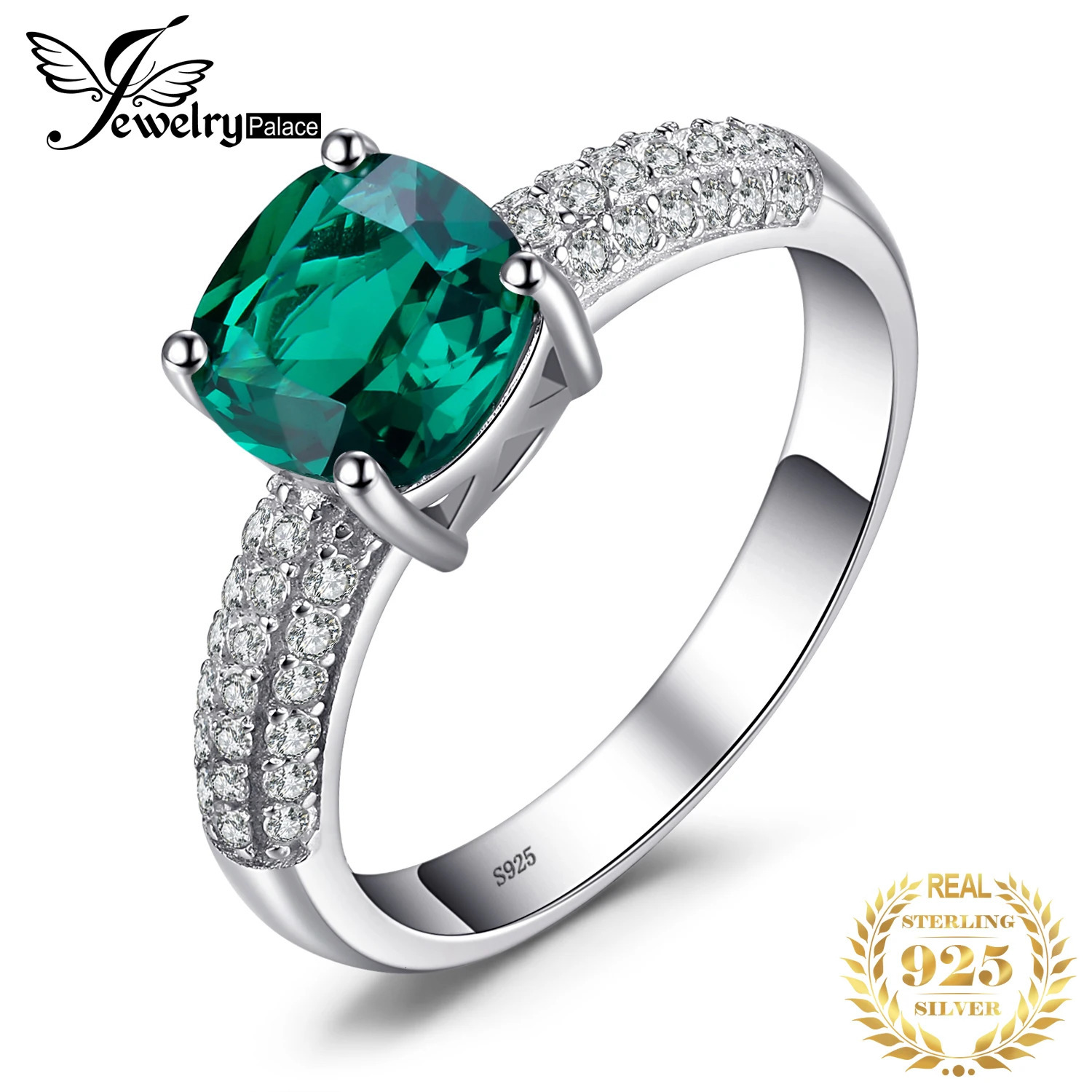 JewelryPalace Green Simulated Nano Emerald Created Ruby Ring 925 Sterling Silver Gemstone Solitaire Engagement Rings for Women 260506