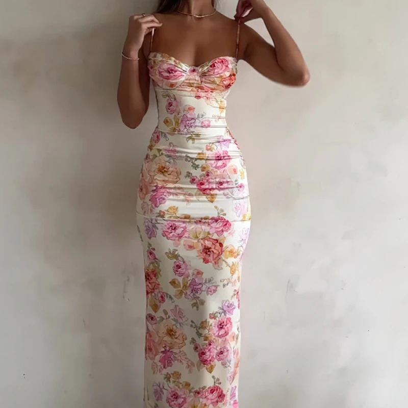 Womens Floral Print Spaghetti Strap Dress Sleeveless Slim Fit Summer Backless Long Dress for Party And Beach 260429