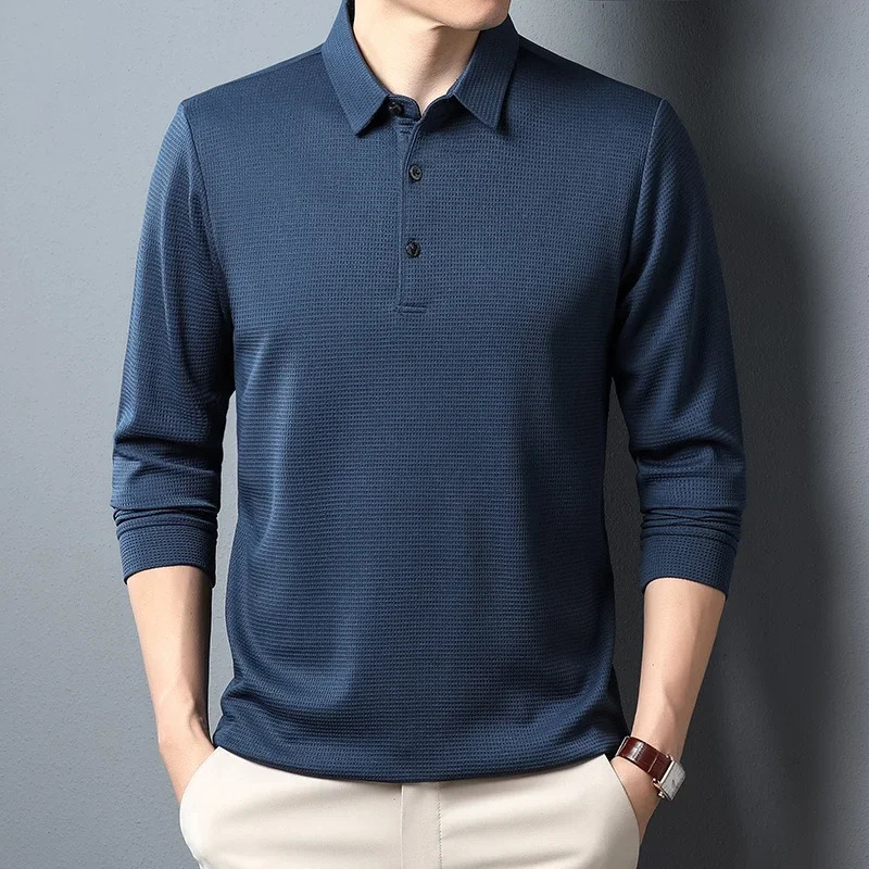 Mens Business Fashion Casual Long Sleeved Shirt Solid Color Polo Fashionable Breathable Comfortable Versatile Top 260506