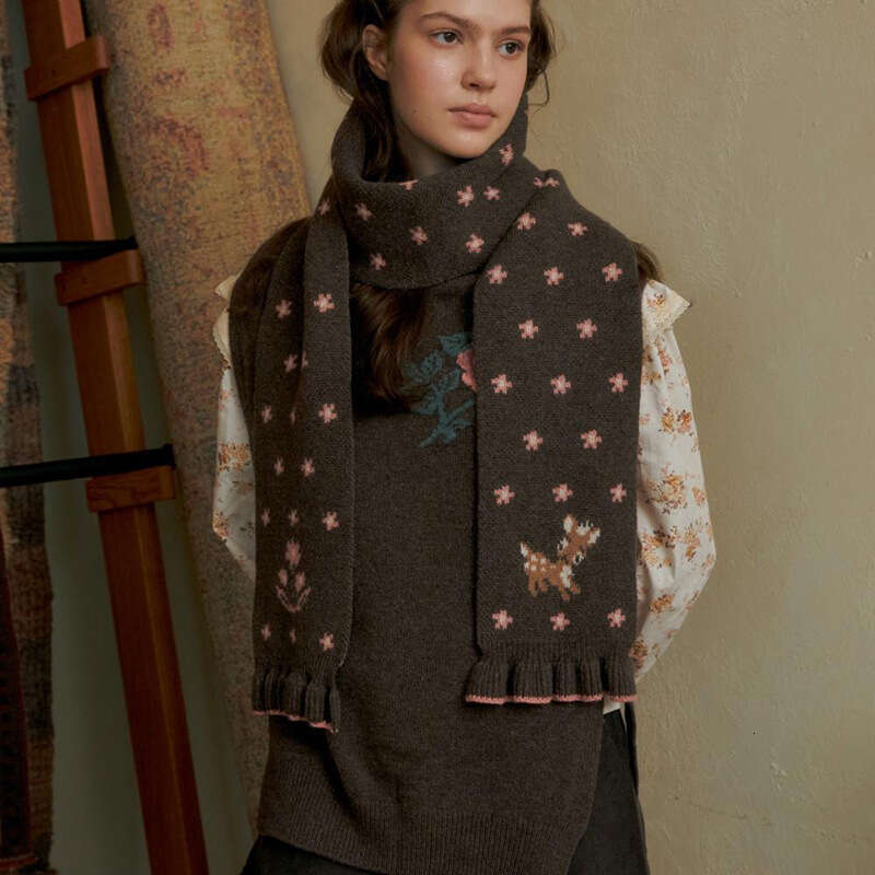 Cute Deer Pattern Floral Soft Double-Sided Knitted Scarf Women, Warm Thick Autumn And Winter, Cold-Proof Neck Warmer For Students