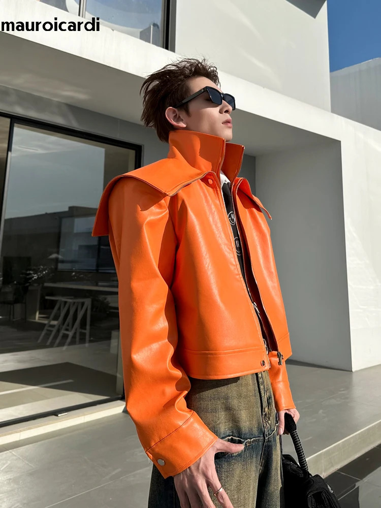 Mauroicardi Spring Autumn Cool Oversized Short Black Orange Soft Faux Leather Jacket Men Zipper y ner Clothes Fashion 260430