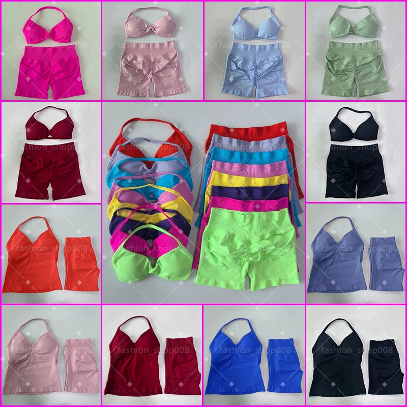 Yoga Sports Bra High Waist Workout Scrunch Shorts Impact Gym Set Women Strappy Sports Suit Fitness Clothes Seamless Yoga Set Backless Tops Outfit