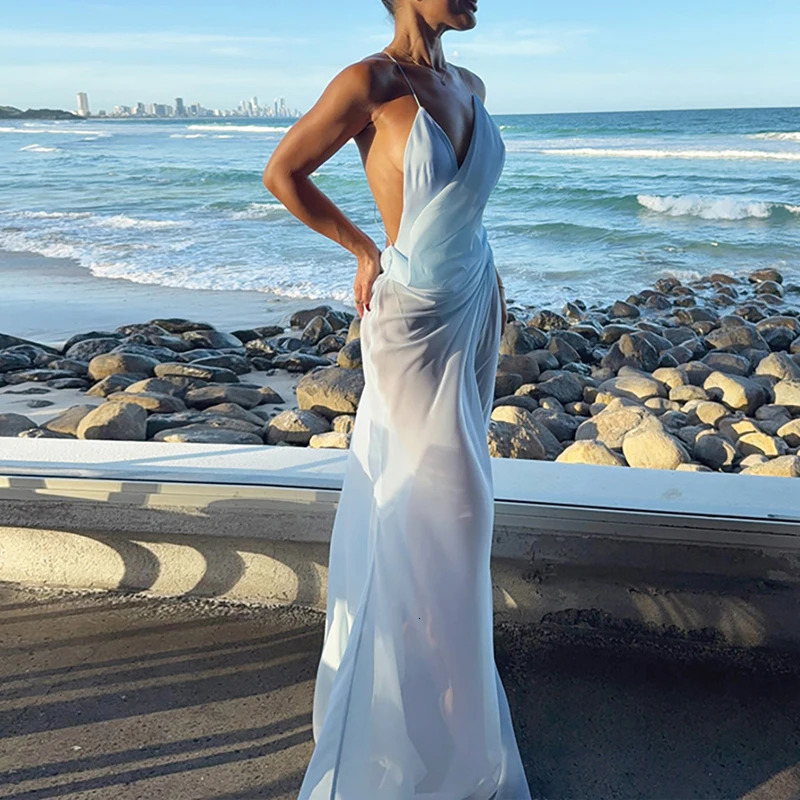 Fashion Women Sleeveless Solid Beach Dress Sexy Perspective Patchwork Long Dress Elegant Swing Collar Cross Draped Sling Dress 260429