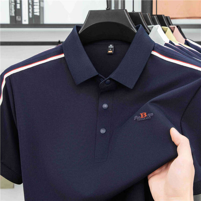 Luxury Brand Designer Clothes Dushi Men's Business Versatile Hem-Slit Short-Sleeve Polo Shirt, Solid Color, Turn-Down Collar, High-End Feel, Di