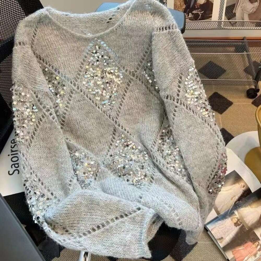 Women's New Hollow-Out Knit Sequins, Loose And Casual Style, Thin Sweater With Spliced Long Sleeves, Trendy Top