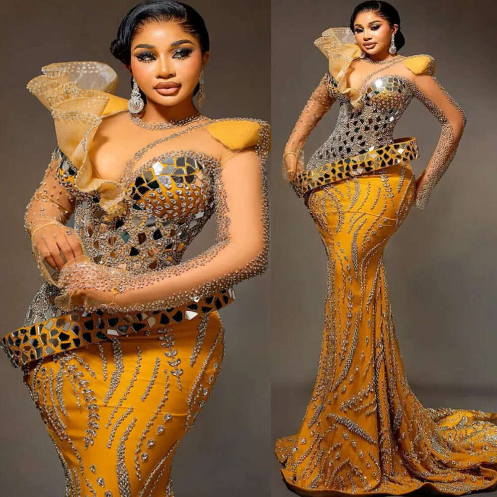 Luxury Yellow Mermaid Prom Dresses With Rhinestones Beaded Sequined Lace Evening Formal Party Gowns Plus Size African Women Special Occasions Dress