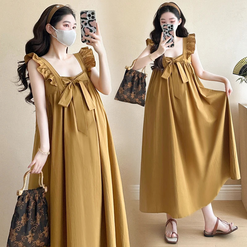 Summer Pregnant Women Clothes High Waist Long Loose Pregnancy Dress Petal Sleeve Square Collar Plus Size Maternity Strap Dresses 260506