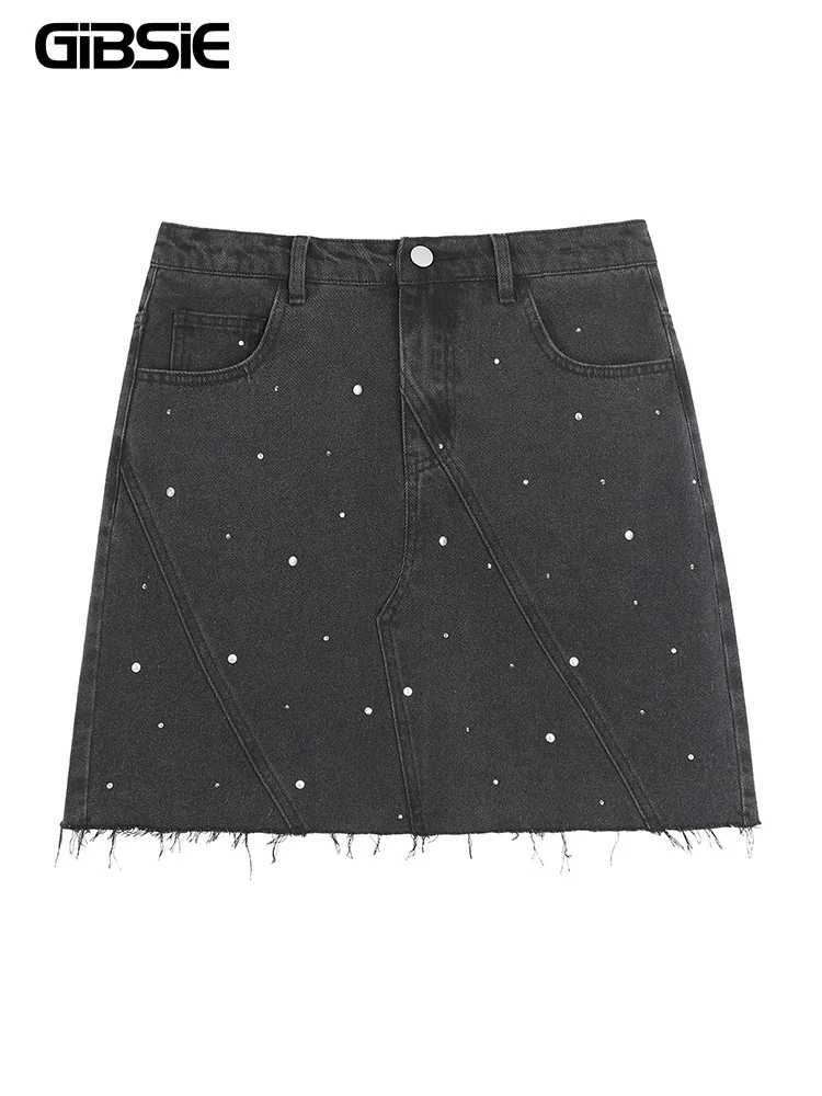 GIBSIE Plus Size Black rivet diamond denim skirt Womens summer high waist korean retro a-line bodycon raw hem mini skirts C260507