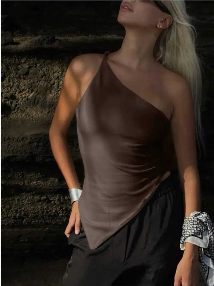 2025 New Fashionable Casual Womens T-Shirt Solid Color Single Shoulder Asymmetrical Slim Fit Top One-Piece NeckT2600507