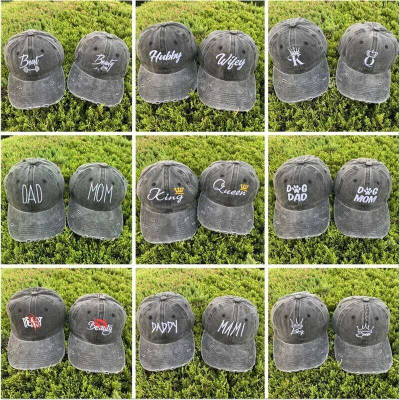 Couples Letter Embroidery Black Washed Denim Hat Vintage Distressed Mom Dad Baseball Cap Unisex Bone Cotton Snapback Caps Gorras 26L0507