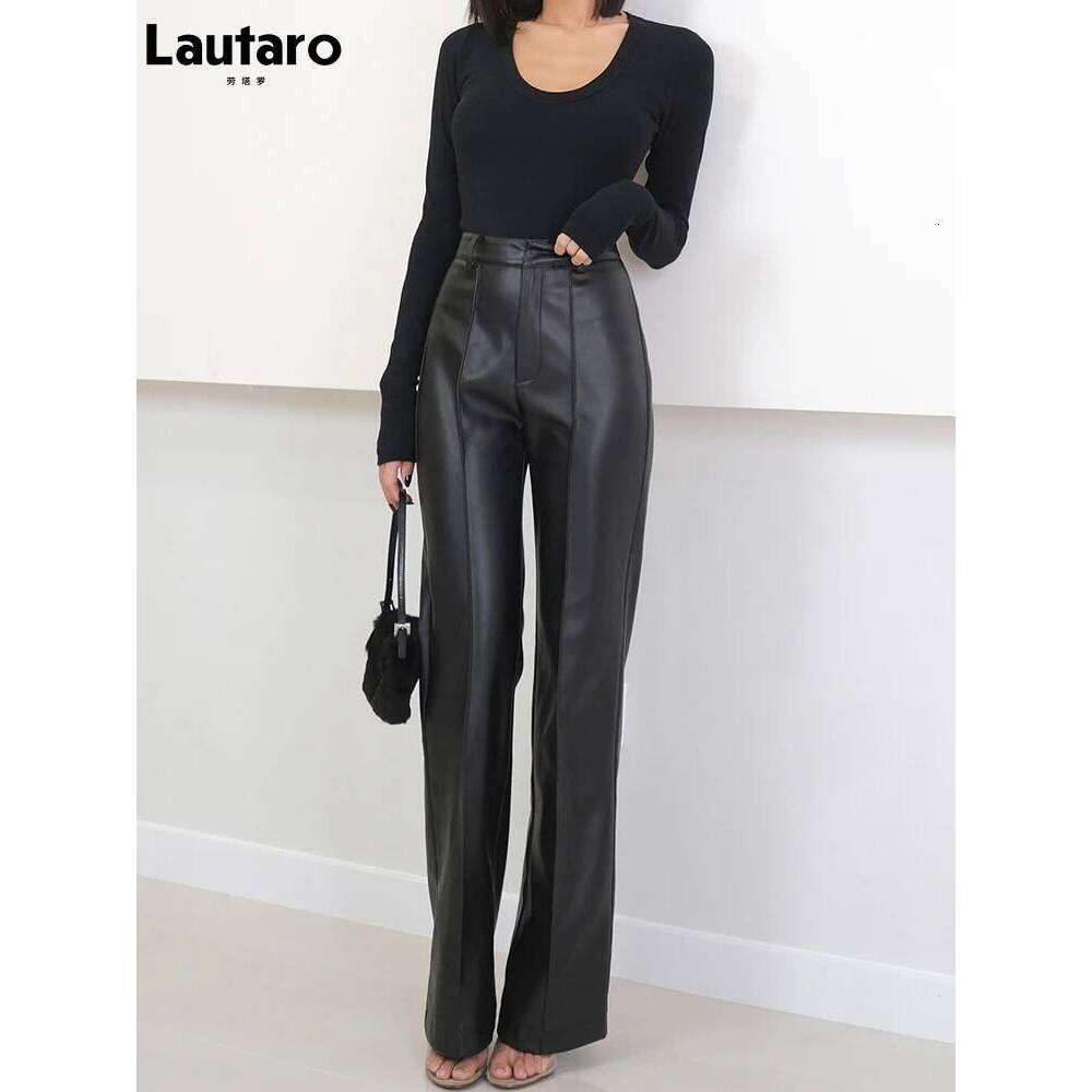 Lautaro Spring Autumn Long Black Soft Pu Leather Pants Women With Zipper High Waist Casual Elegant Straight Leg Trousers 2022