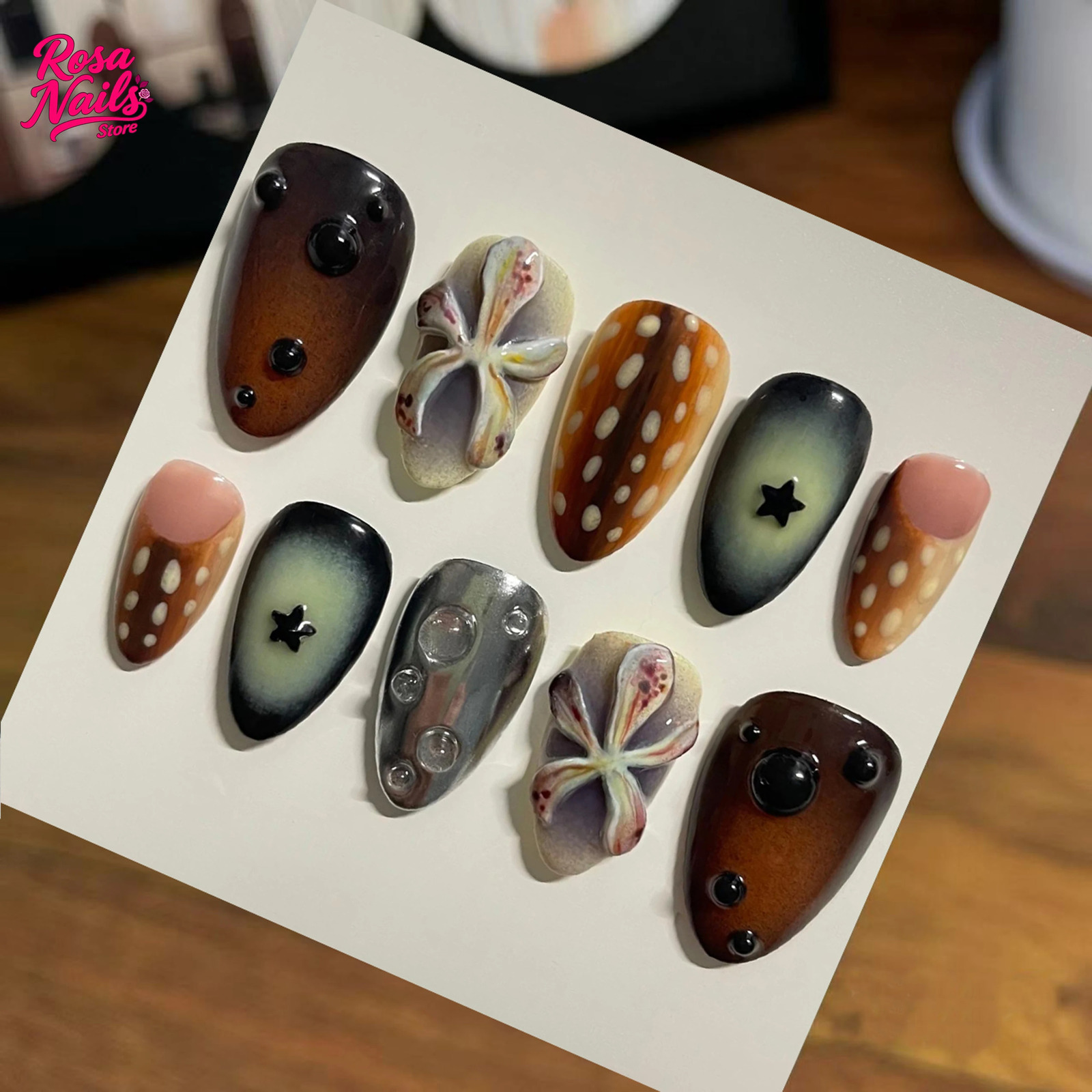 10pcs Handmade Press on Nails Deer Print Hand Painted Brown AlmondPress Ons 3D Flower Fall Autumn Winter Nail Art Acrylic Nails 260506