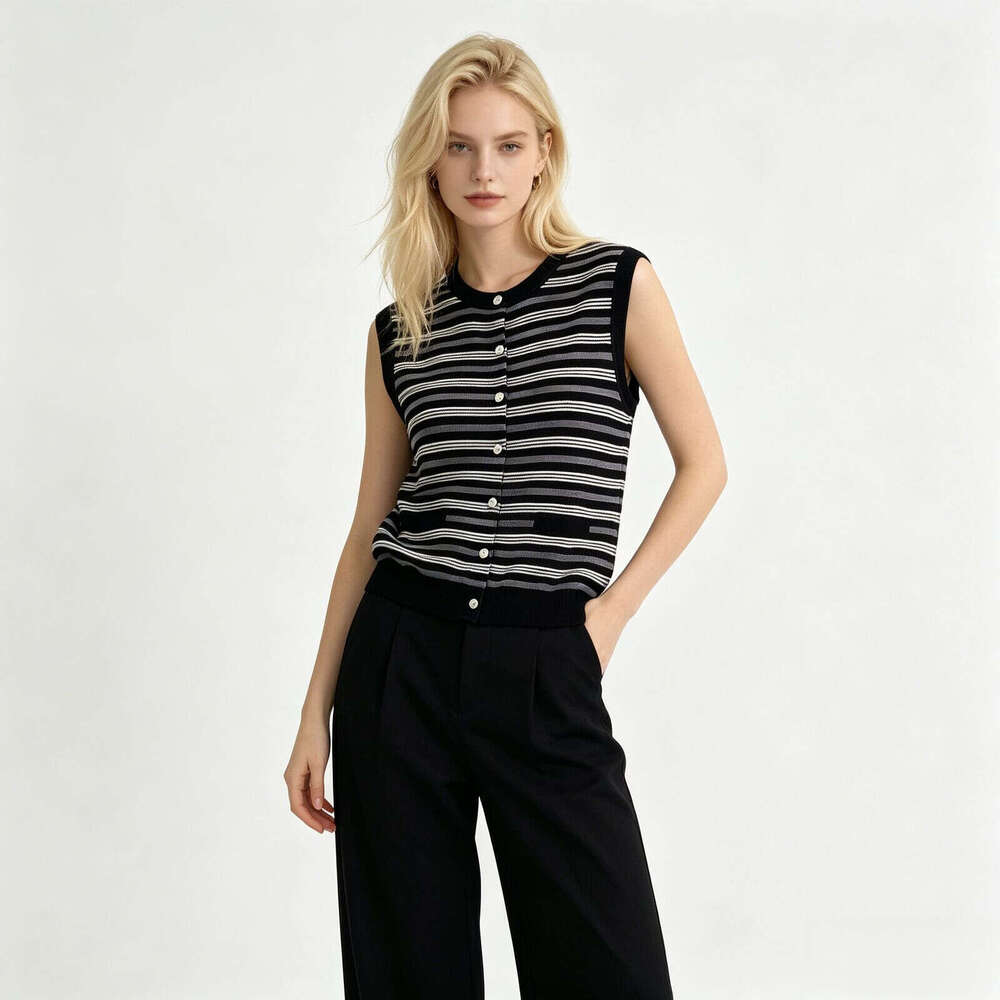 2026 Spring and Summer New Women's Black and White Striped Knitted Tank Top, Designer Round f23 Neck Button Sleeveless Cardigan Layered Top